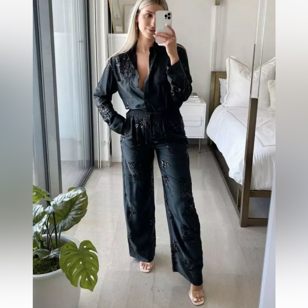 Zara NWOT black sequin satin matching 2 piece set - button shirt & pants - Picture 10 of 15